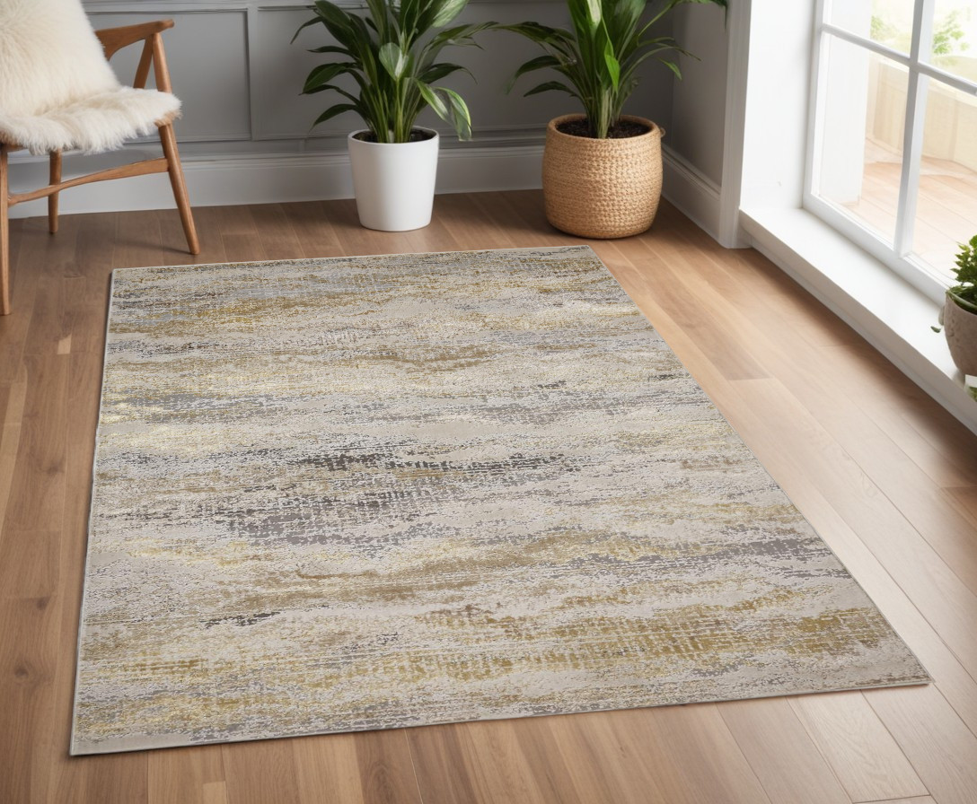 4" X 6" Gray and Ivory Abstract Non Skid Area Rug