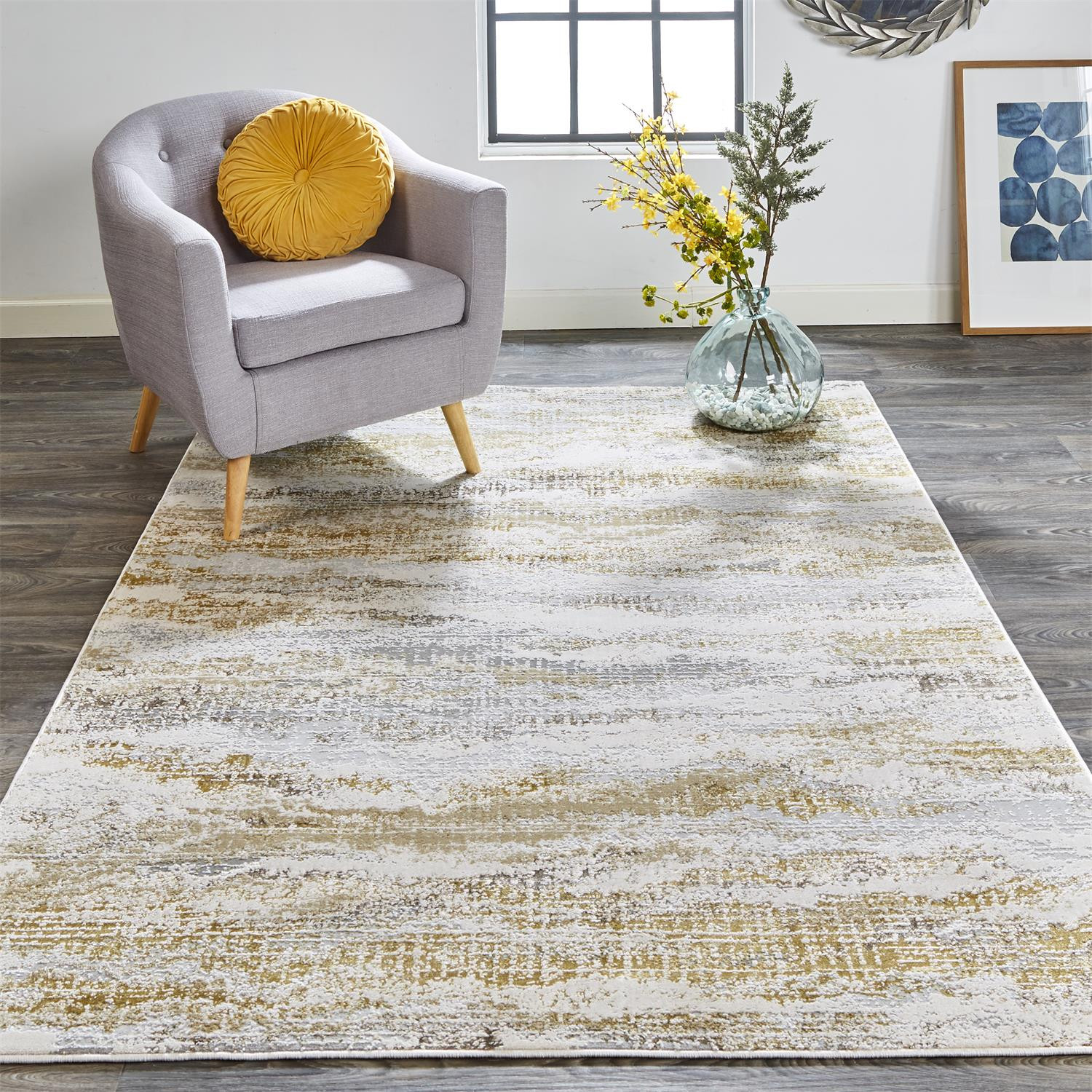 9" X 12" Gold Gray And Ivory Abstract Area Rug