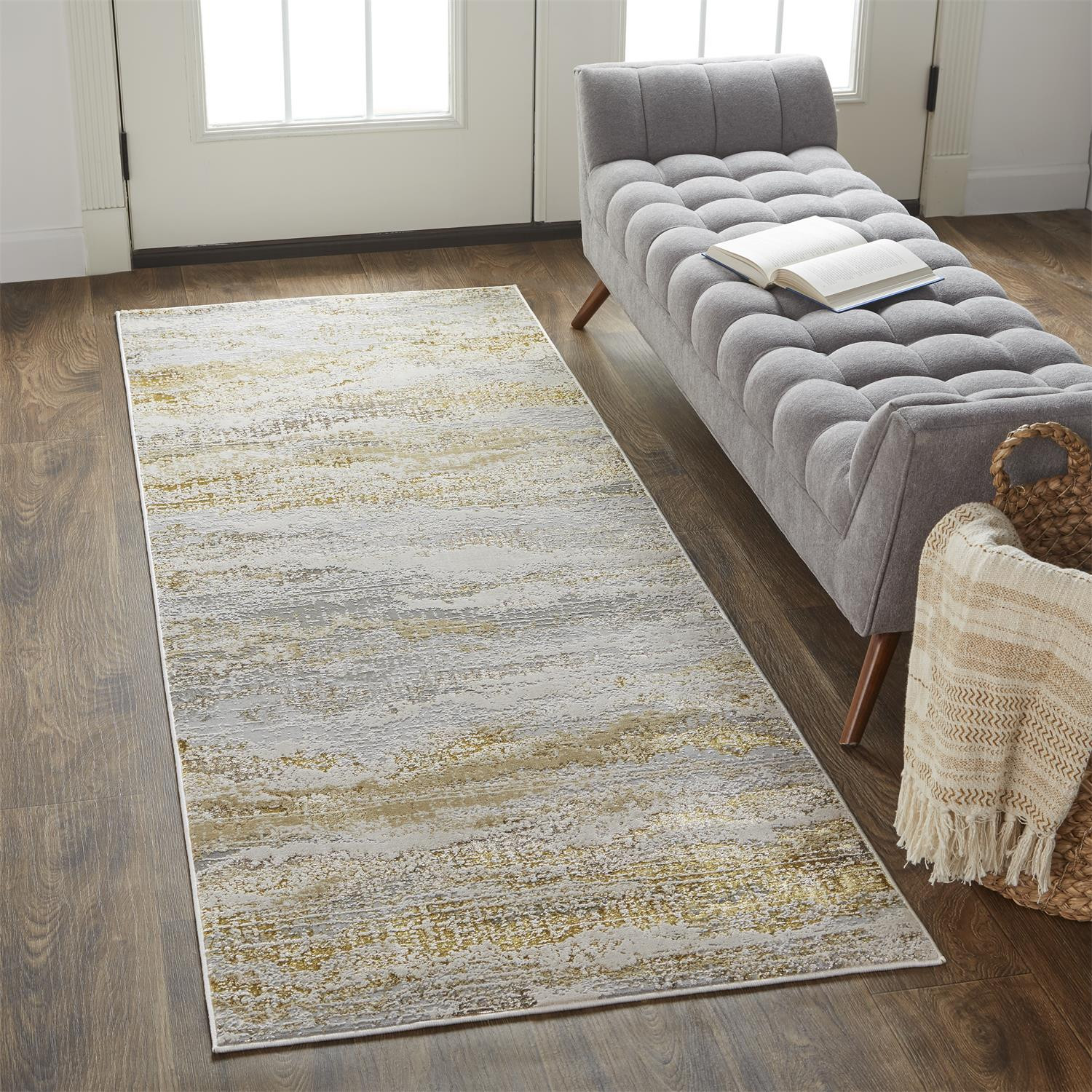 8" Gray and Ivory Abstract Power Loom Runner Rug