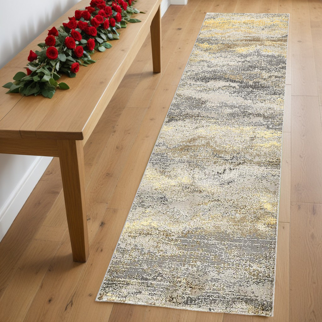 8" Gray and Ivory Abstract Power Loom Runner Rug