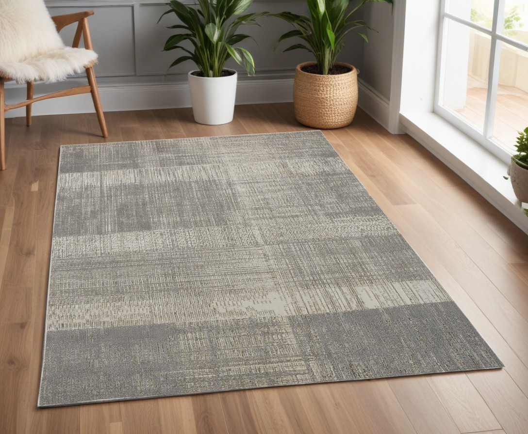4" X 6" Gray and Ivory Abstract Non Skid Area Rug