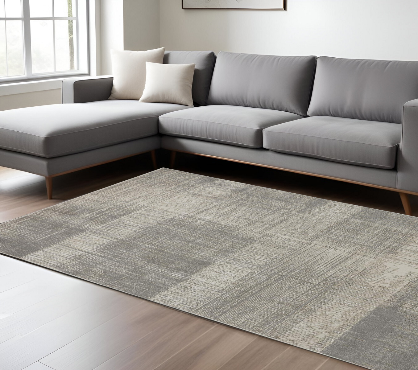 7" X 10" Gray and Ivory Abstract Non Skid Area Rug
