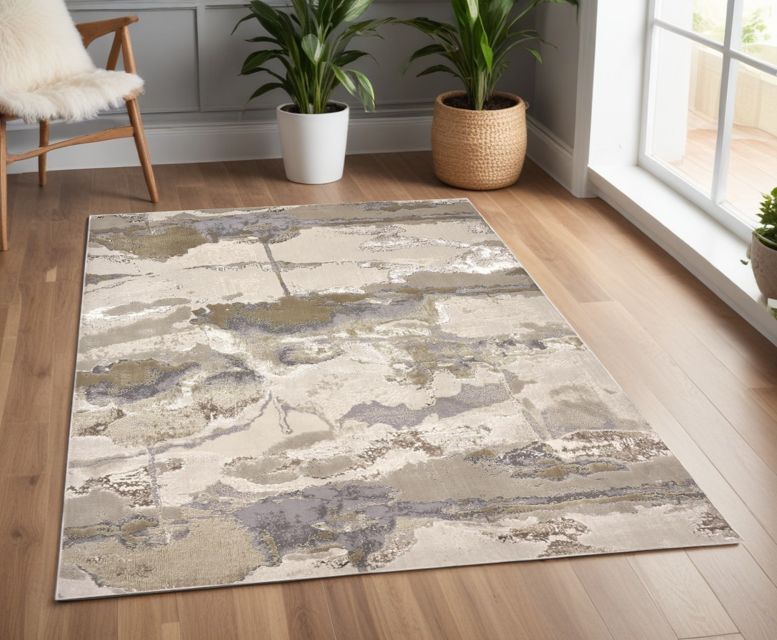 4" X 6" Gray and Ivory Abstract Non Skid Area Rug
