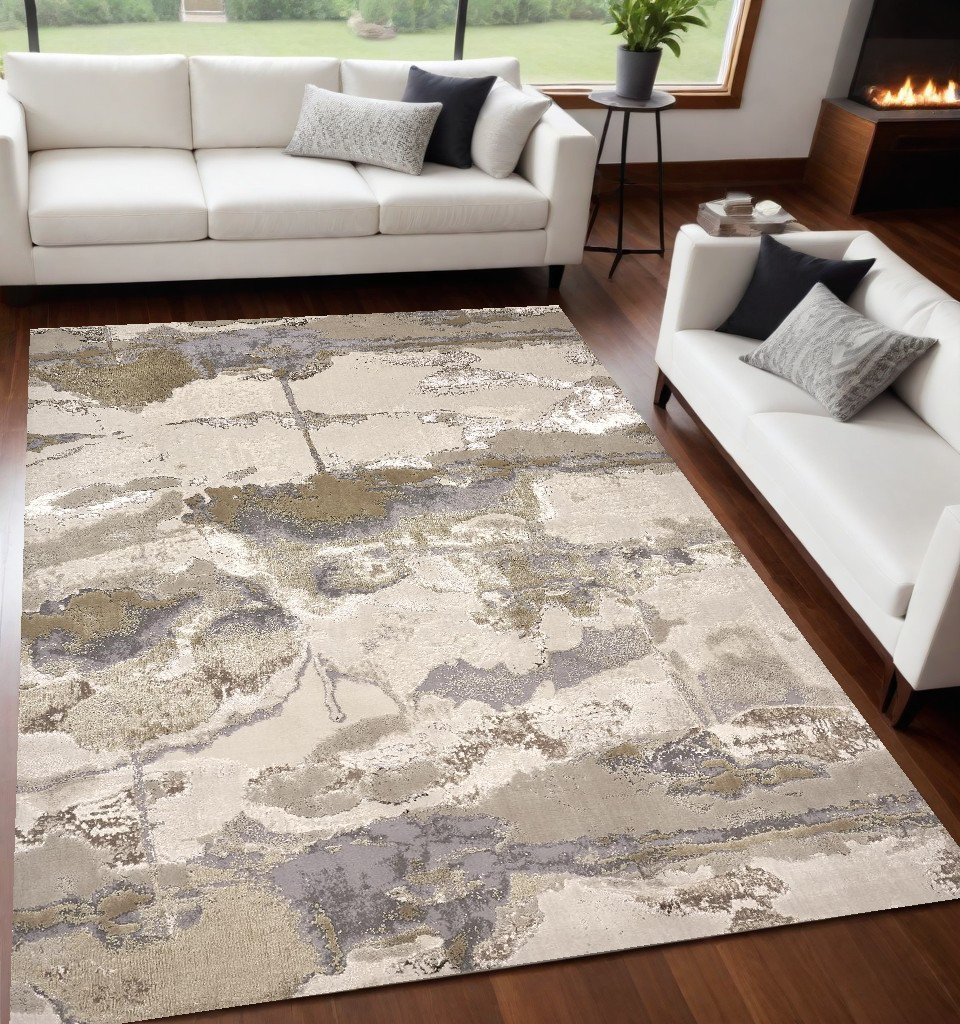 5" X 8" Gray Ivory And Gold Abstract Stain Resistant Area Rug