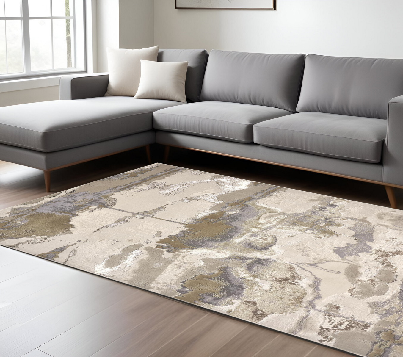 7" X 10" Gray and Ivory Abstract Non Skid Area Rug