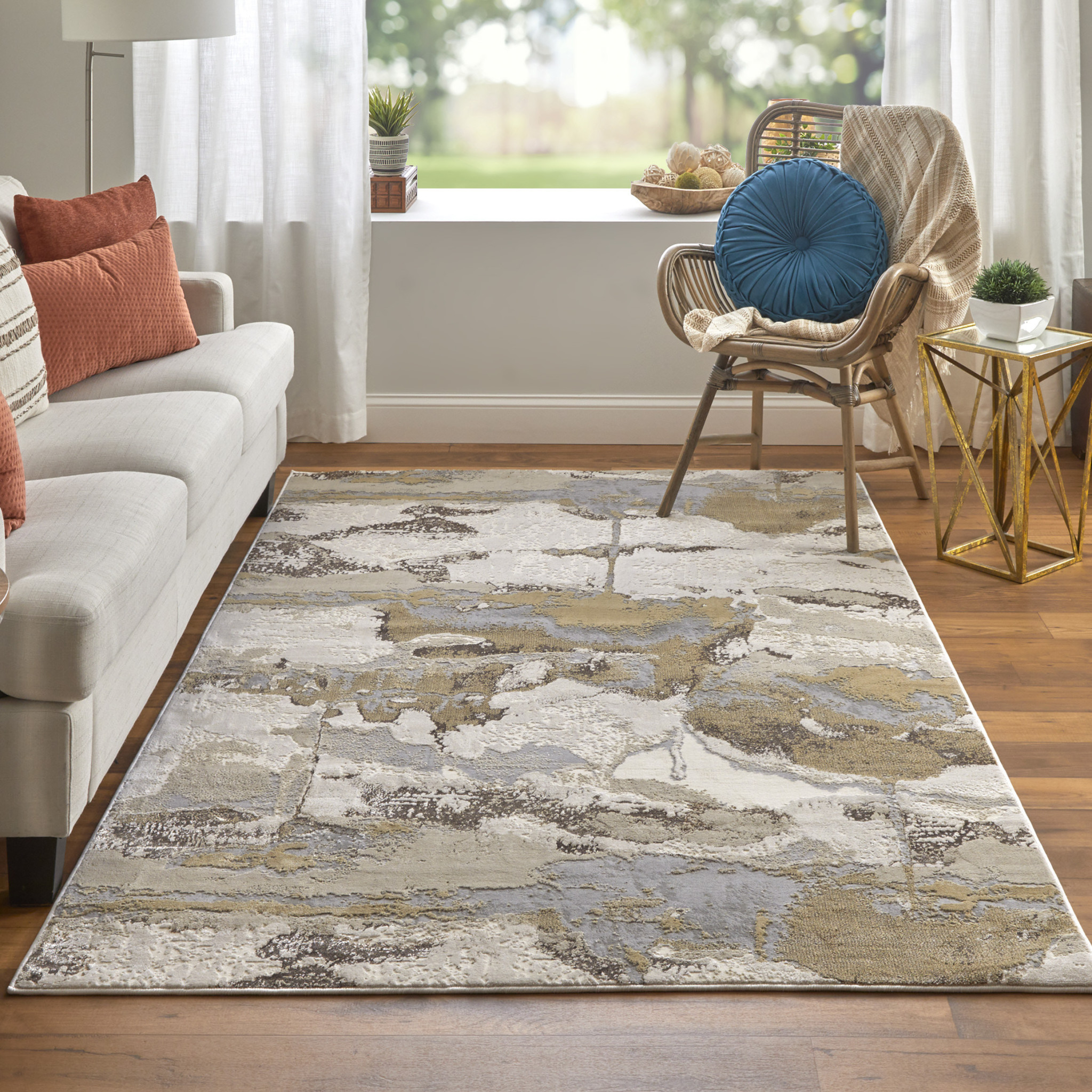 9" X 12" Gray Ivory And Gold Abstract Area Rug