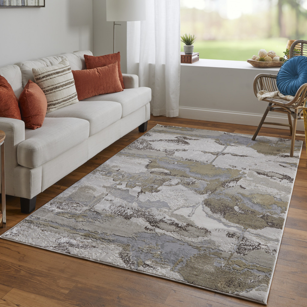 9" X 12" Gray Ivory And Gold Abstract Area Rug