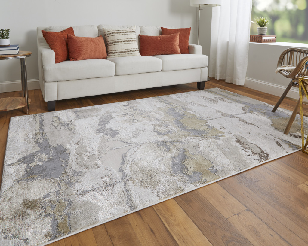 9" X 12" Gray Ivory And Gold Abstract Area Rug