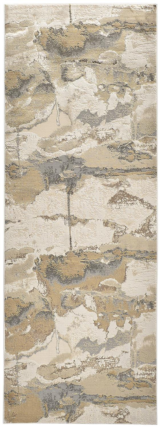 8" Gold and Ivory Abstract Power Loom Runner Rug