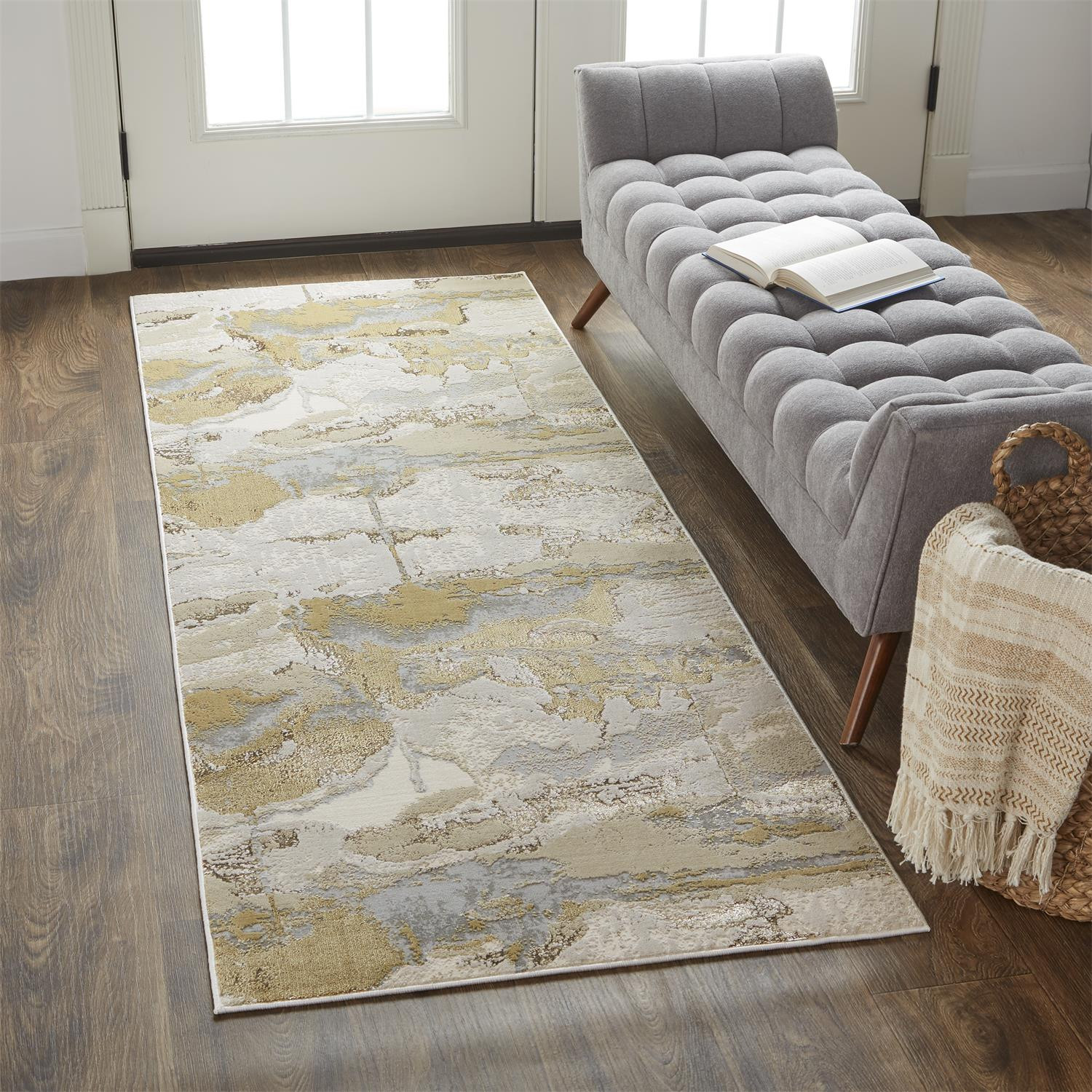 8" Gold and Ivory Abstract Power Loom Runner Rug