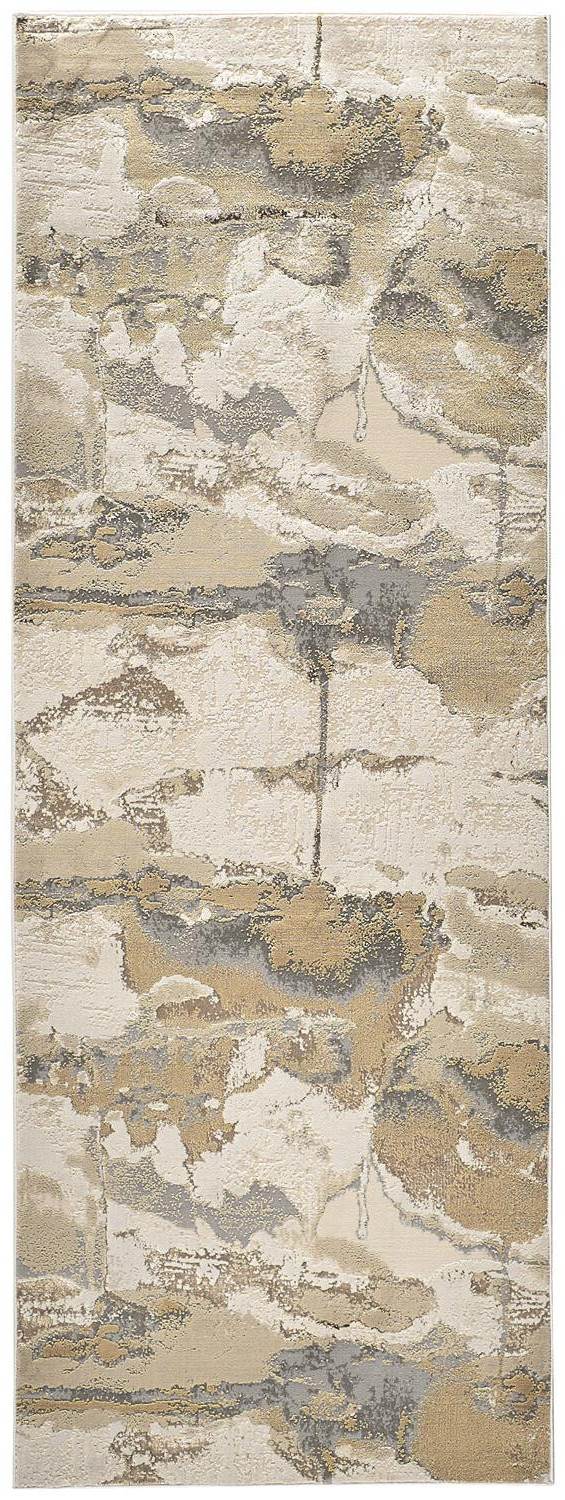 8" Gold and Ivory Abstract Power Loom Runner Rug