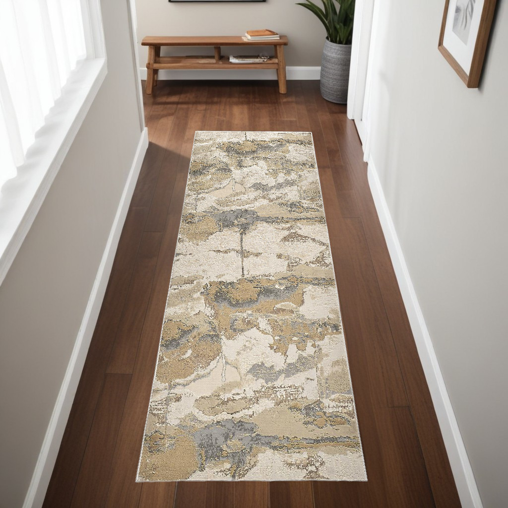 8" Gold and Ivory Abstract Power Loom Runner Rug