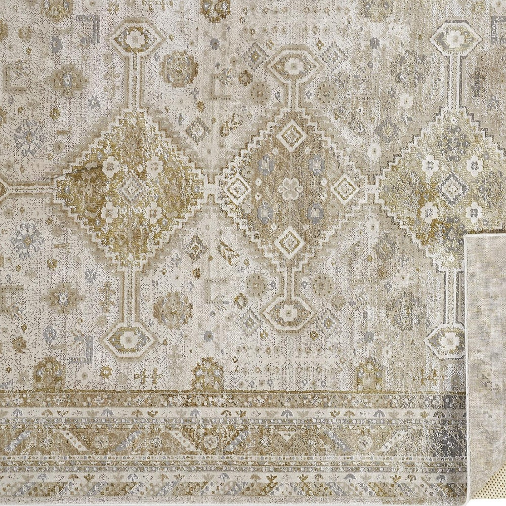 4" X 6" Gold and Ivory Floral Non Skid Area Rug