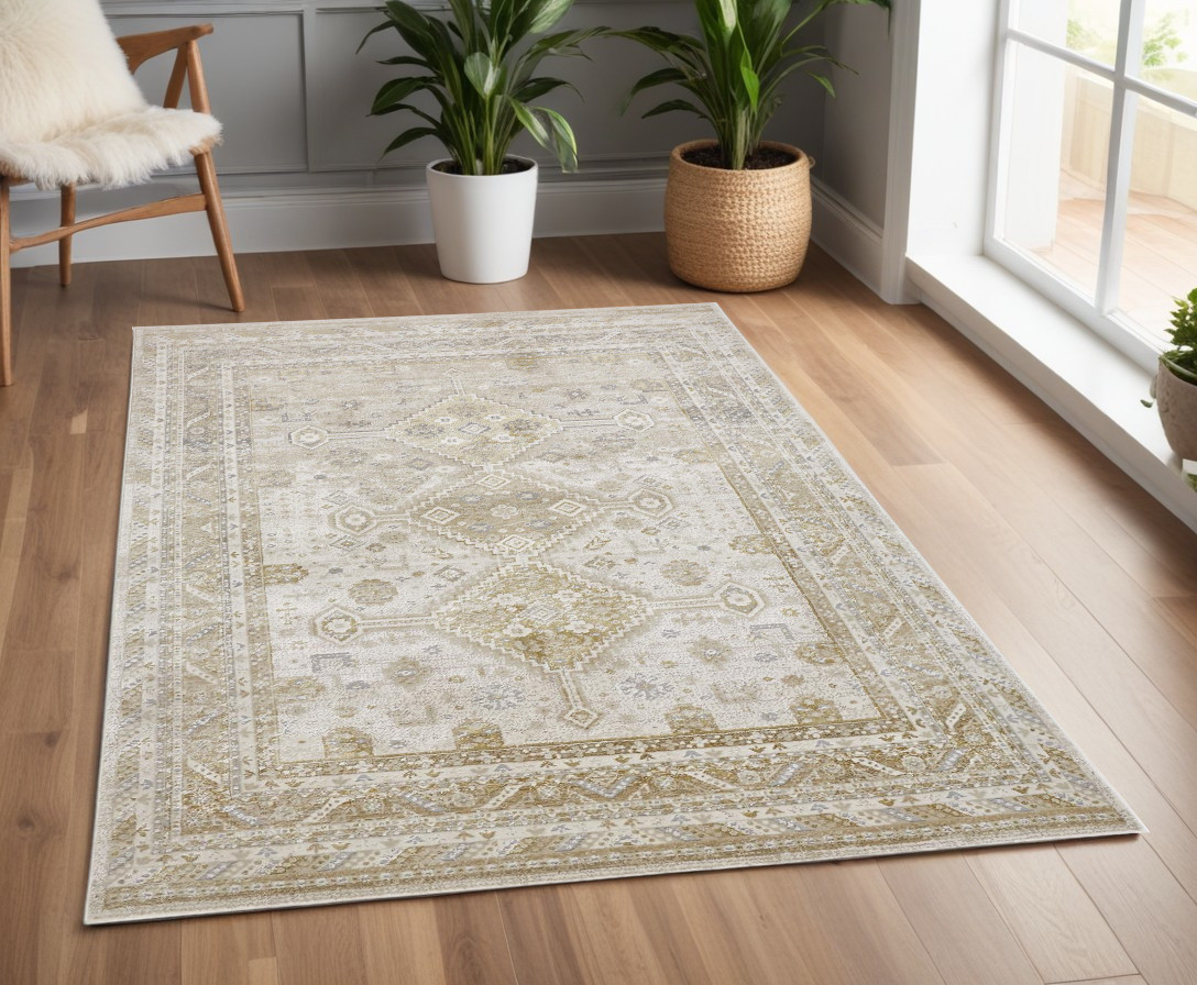 4" X 6" Gold and Ivory Floral Non Skid Area Rug