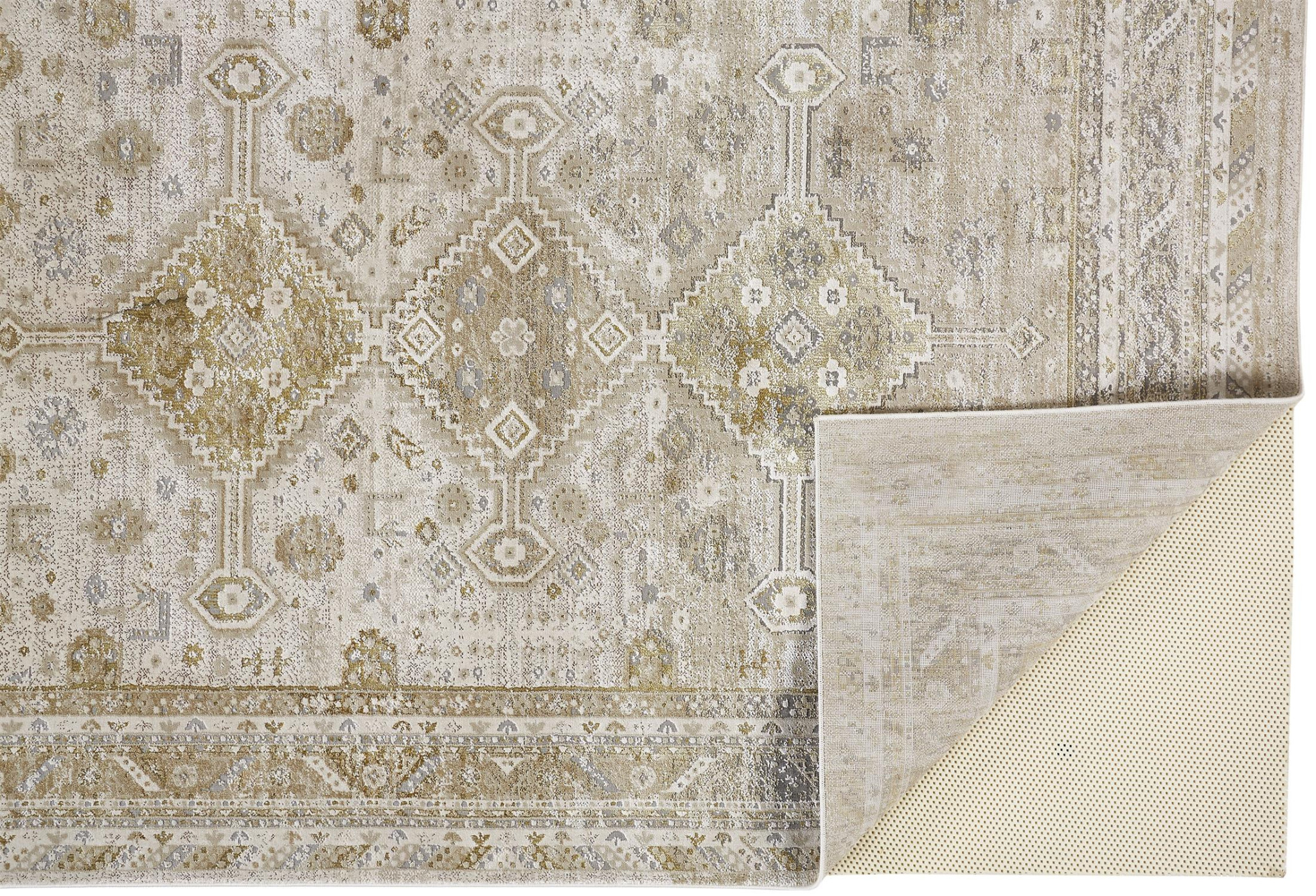 4" X 6" Gold and Ivory Floral Non Skid Area Rug