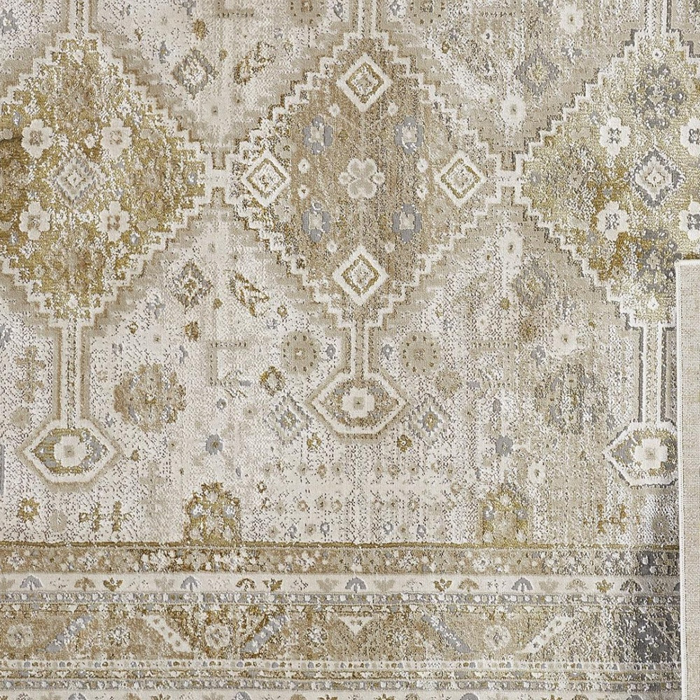 8" X 10" Gold and Ivory Floral Non Skid Area Rug