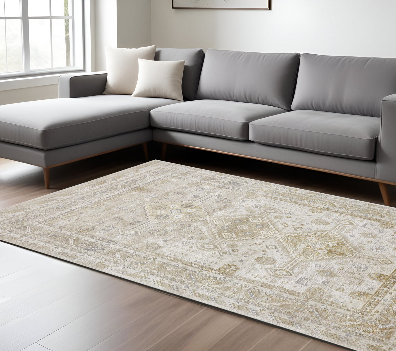 8" X 10" Gold and Ivory Floral Non Skid Area Rug