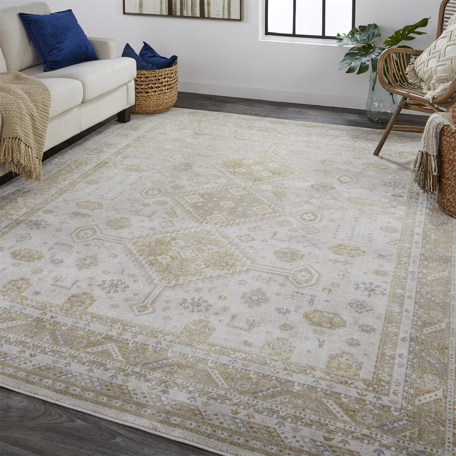 10" X 13" Gold And Ivory Floral Stain Resistant Area Rug