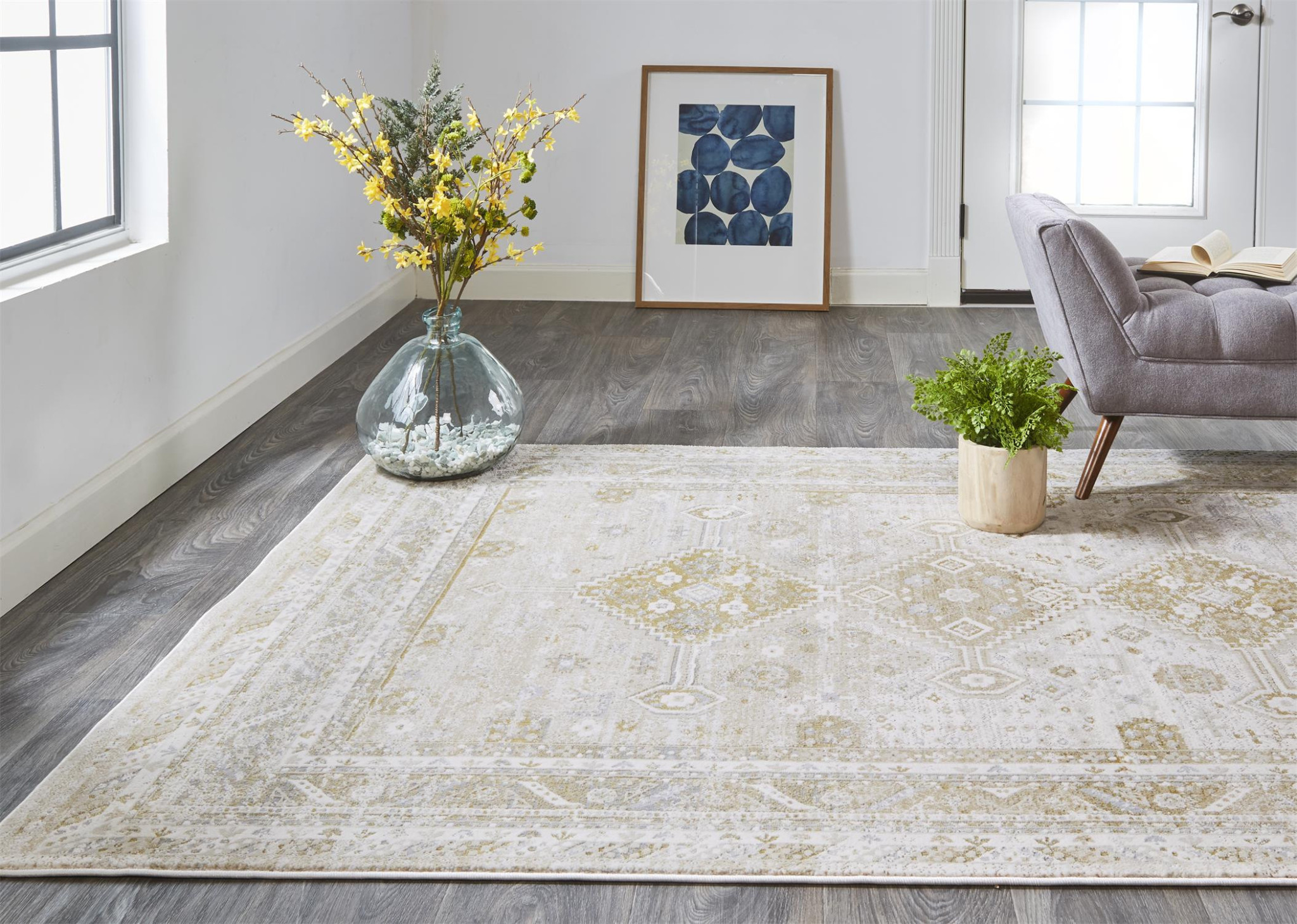 10" X 13" Gold And Ivory Floral Stain Resistant Area Rug