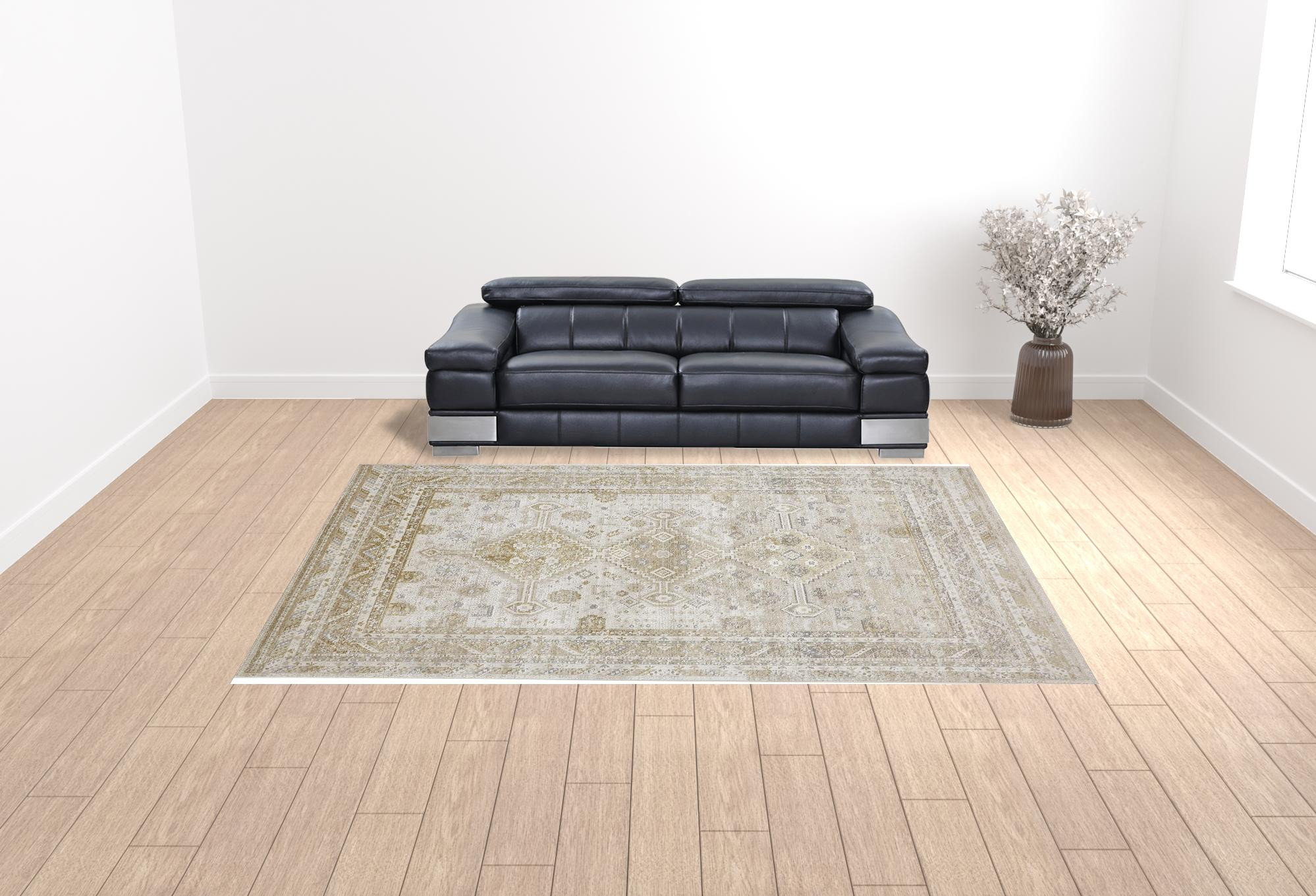 10" X 13" Gold And Ivory Floral Stain Resistant Area Rug