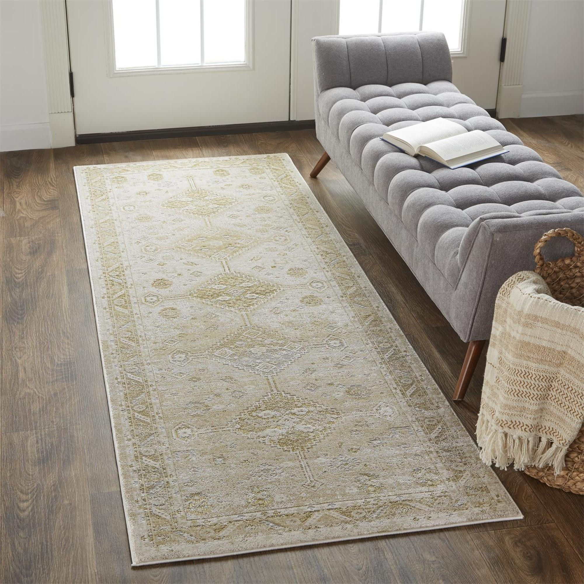 8" Gold and Ivory Floral Runner Rug