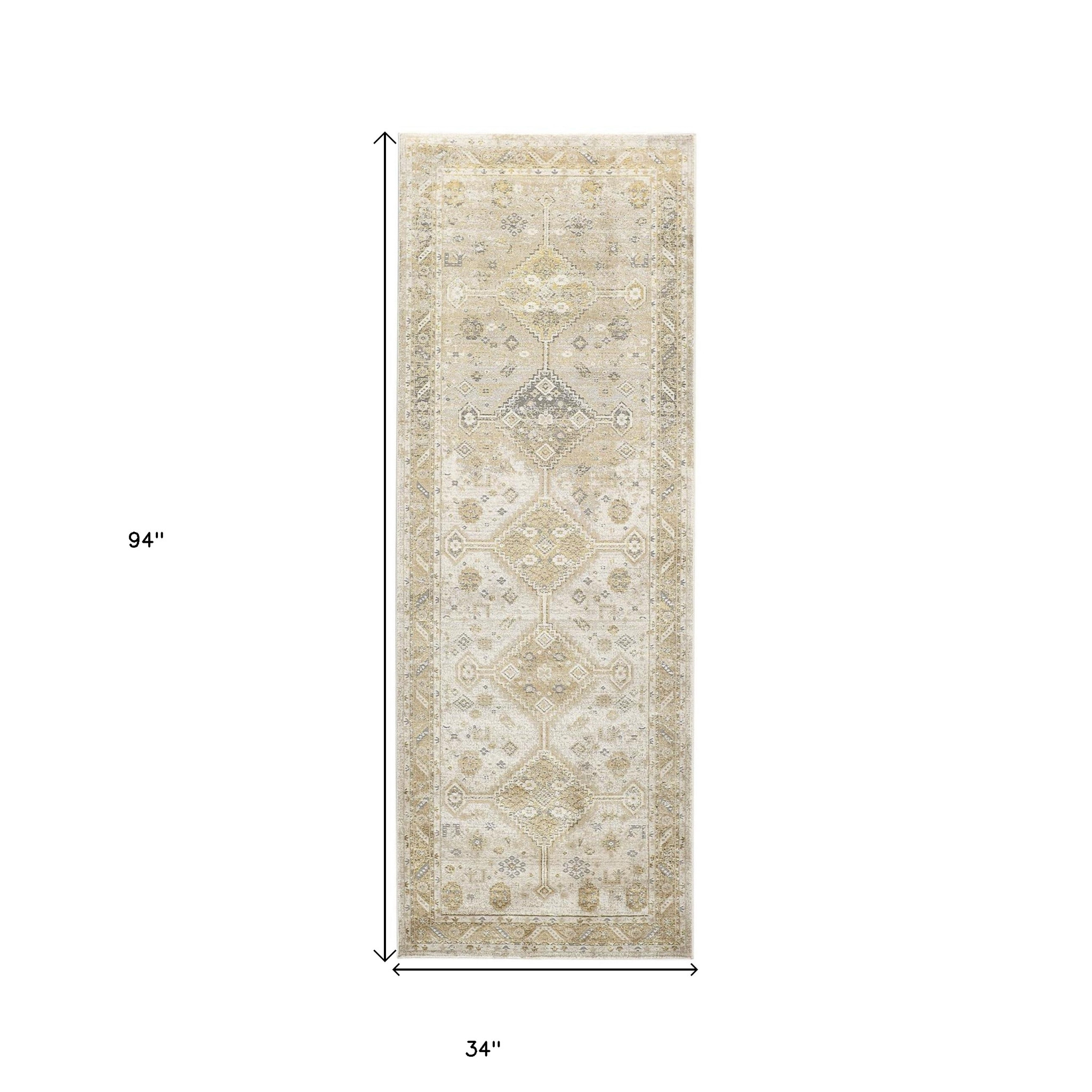 8" Gold and Ivory Floral Runner Rug