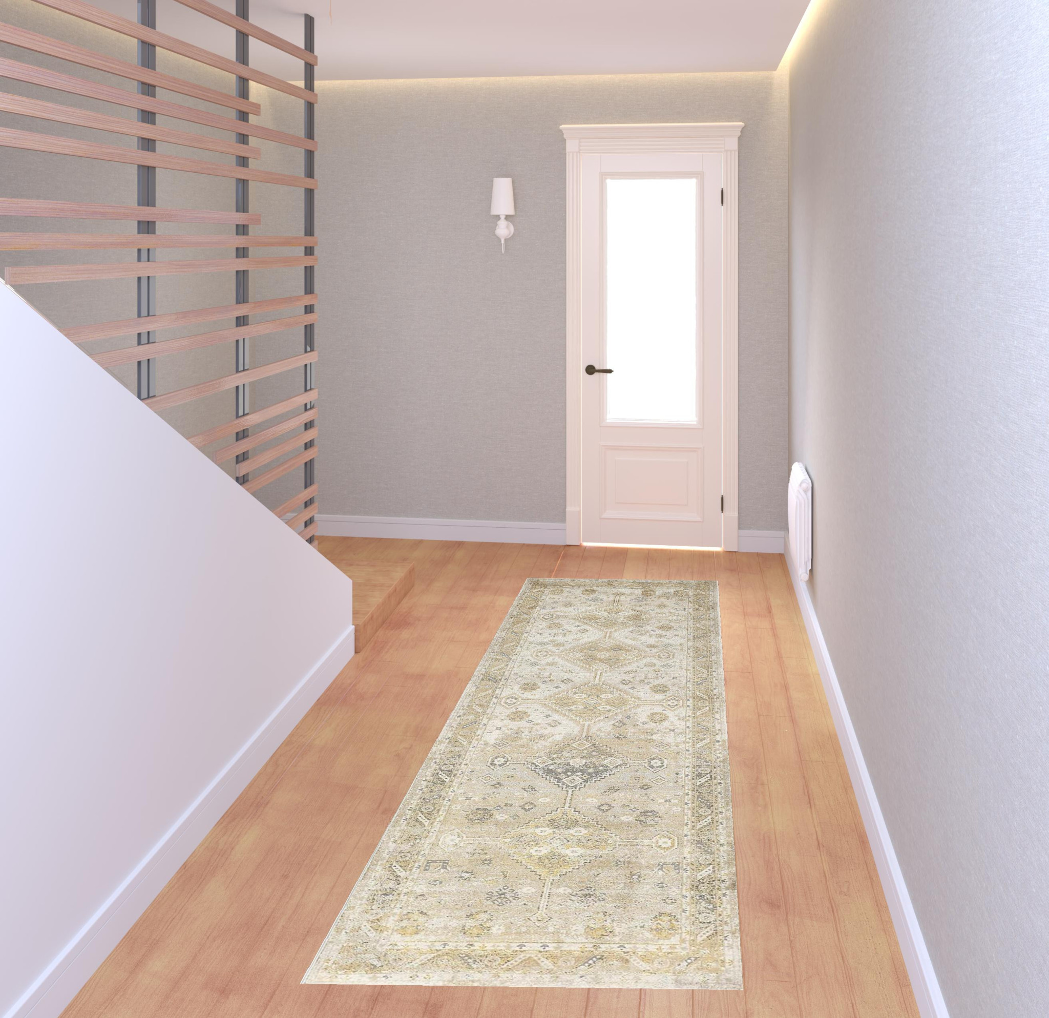 8" Gold and Ivory Floral Runner Rug