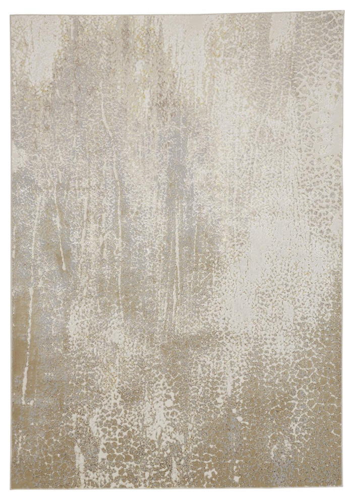 5" X 8" Ivory Gray And Gold Abstract Stain Resistant Area Rug