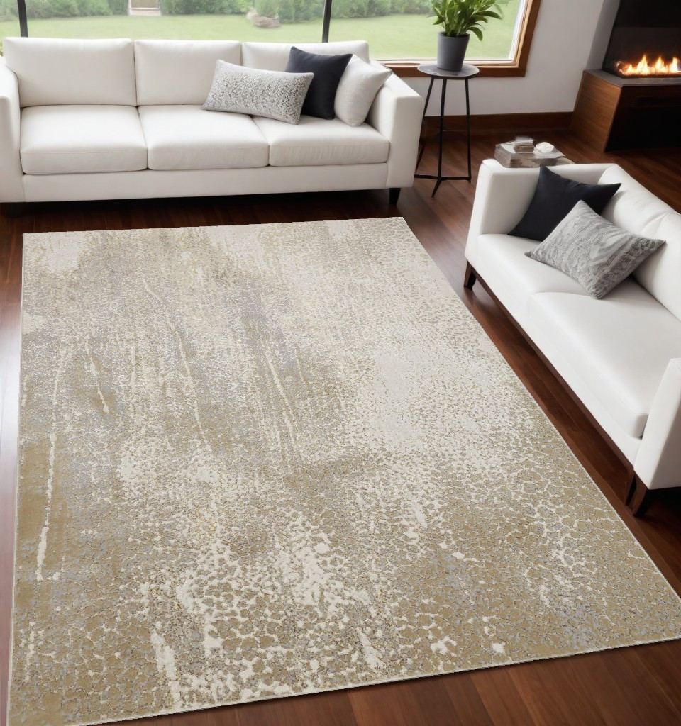 5" X 8" Ivory Gray And Gold Abstract Stain Resistant Area Rug