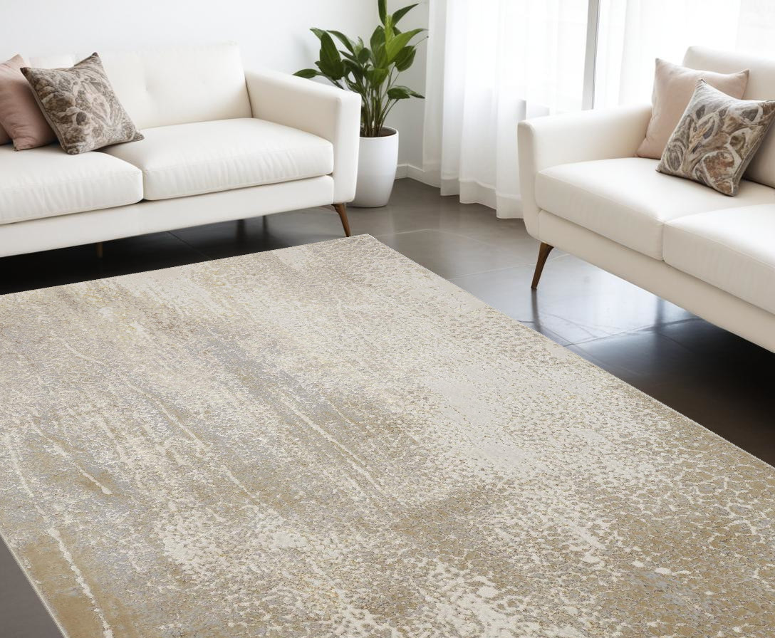 7" X 10" Ivory Gray And Gold Abstract Stain Resistant Area Rug