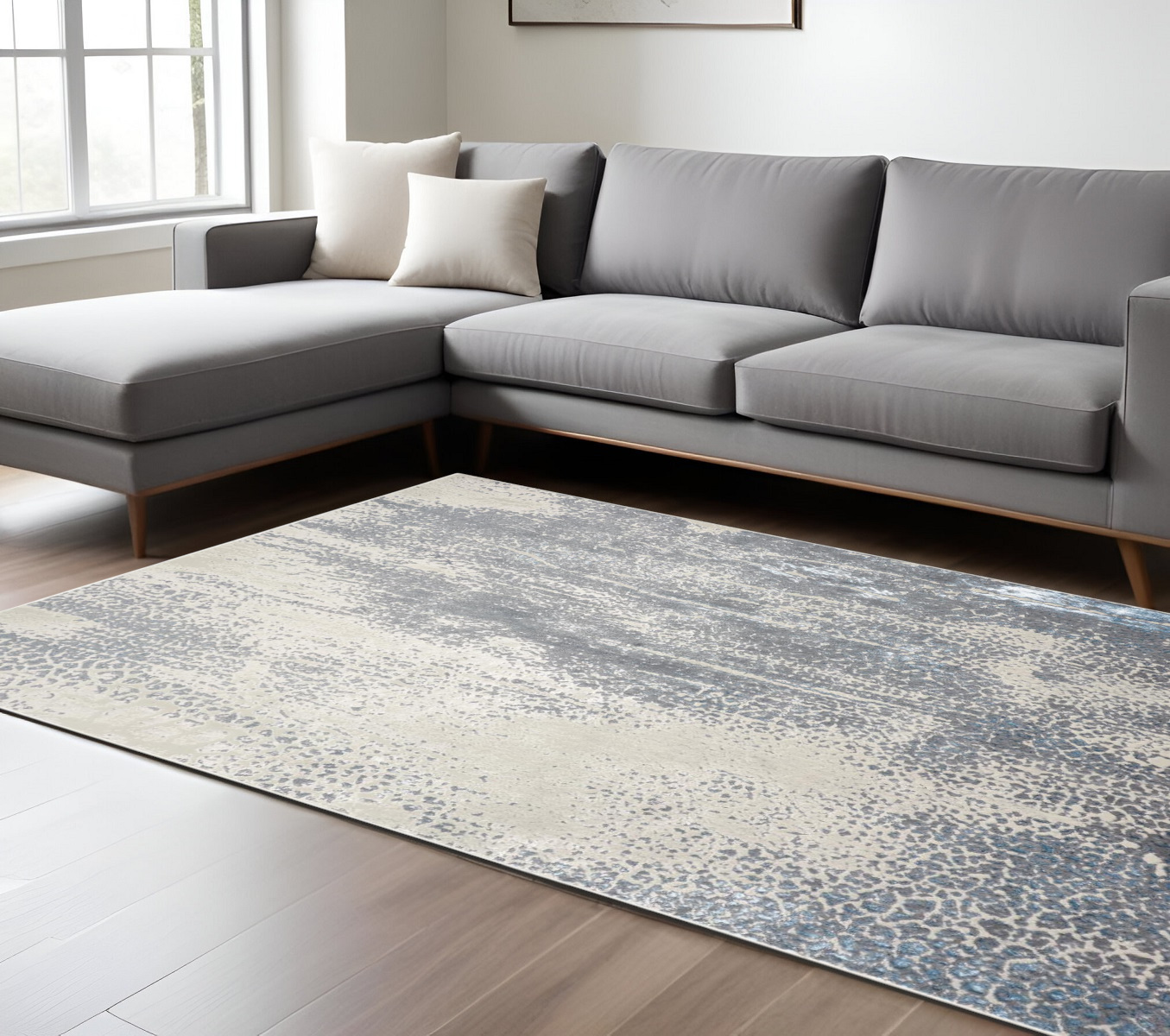 7" X 10" Gray Blue and Ivory Abstract Non Skid Area Rug