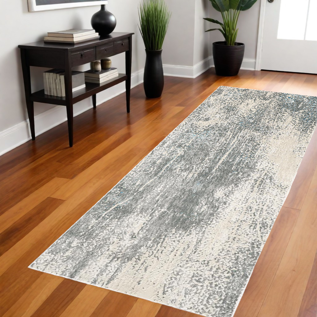 8" Gray and Ivory Abstract Power Loom Runner Rug