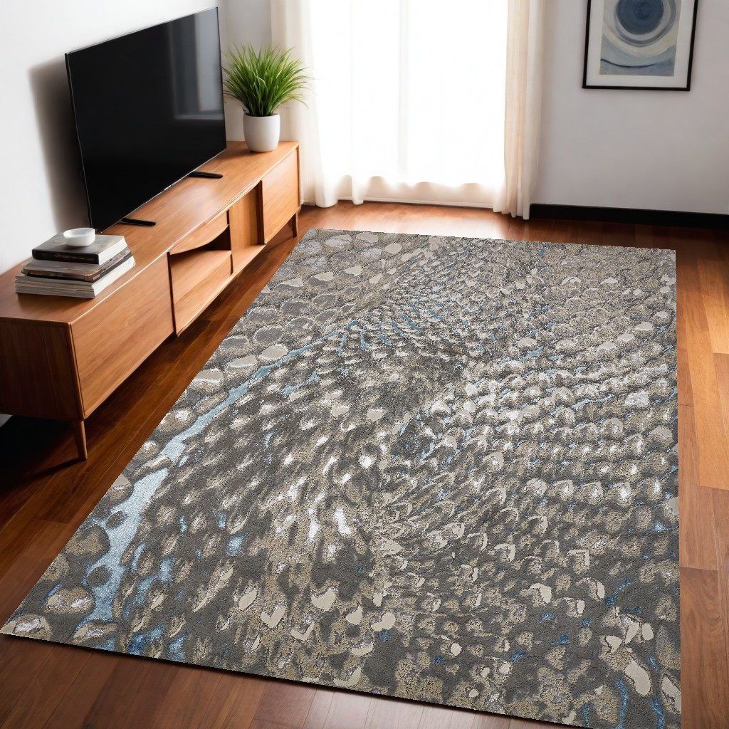5" X 8" Blue Silver And Gray Geometric Stain Resistant Area Rug