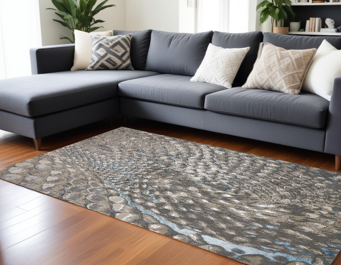7" X 10" Blue Silver And Gray Geometric Stain Resistant Area Rug