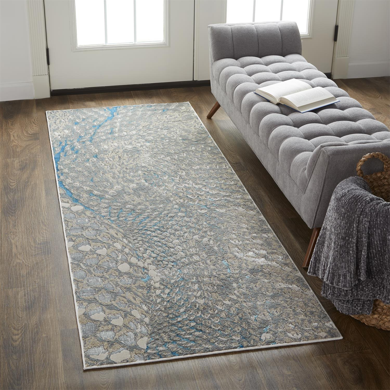 8" Blue and Gray Abstract Power Loom Runner Rug