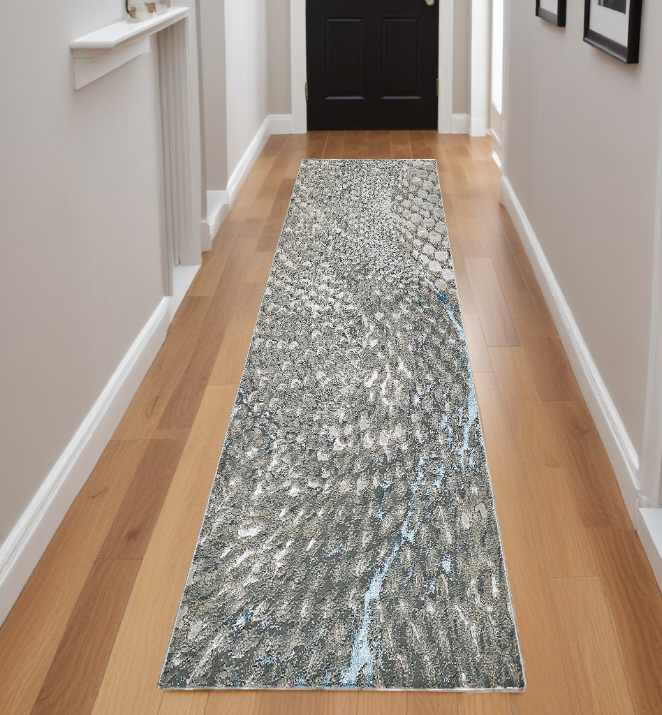 8" Blue and Gray Abstract Power Loom Runner Rug