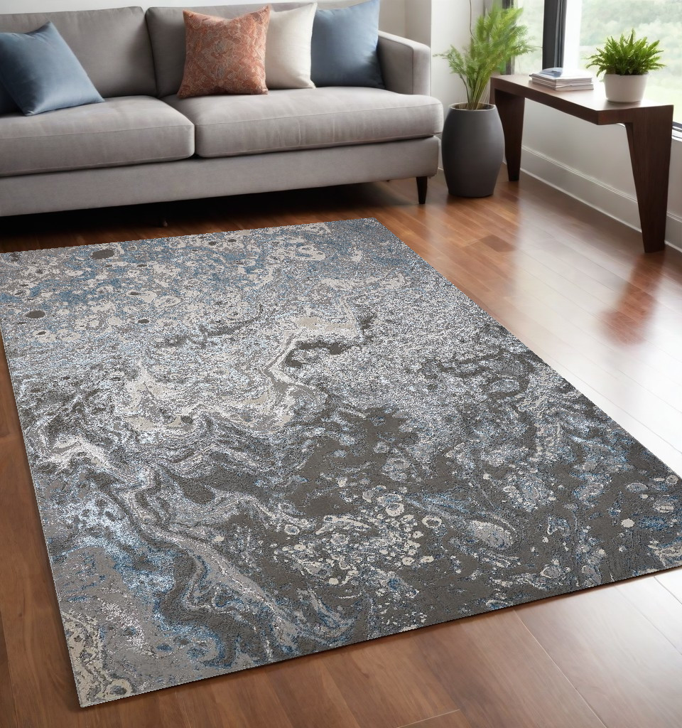 5" X 8" Blue and Gray Abstract Power Loom Area Rug