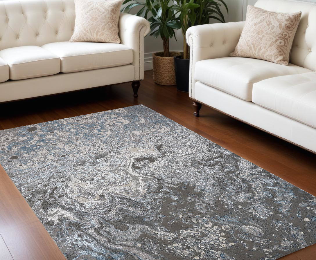 8" X 10" Blue and Gray Abstract Power Loom Area Rug