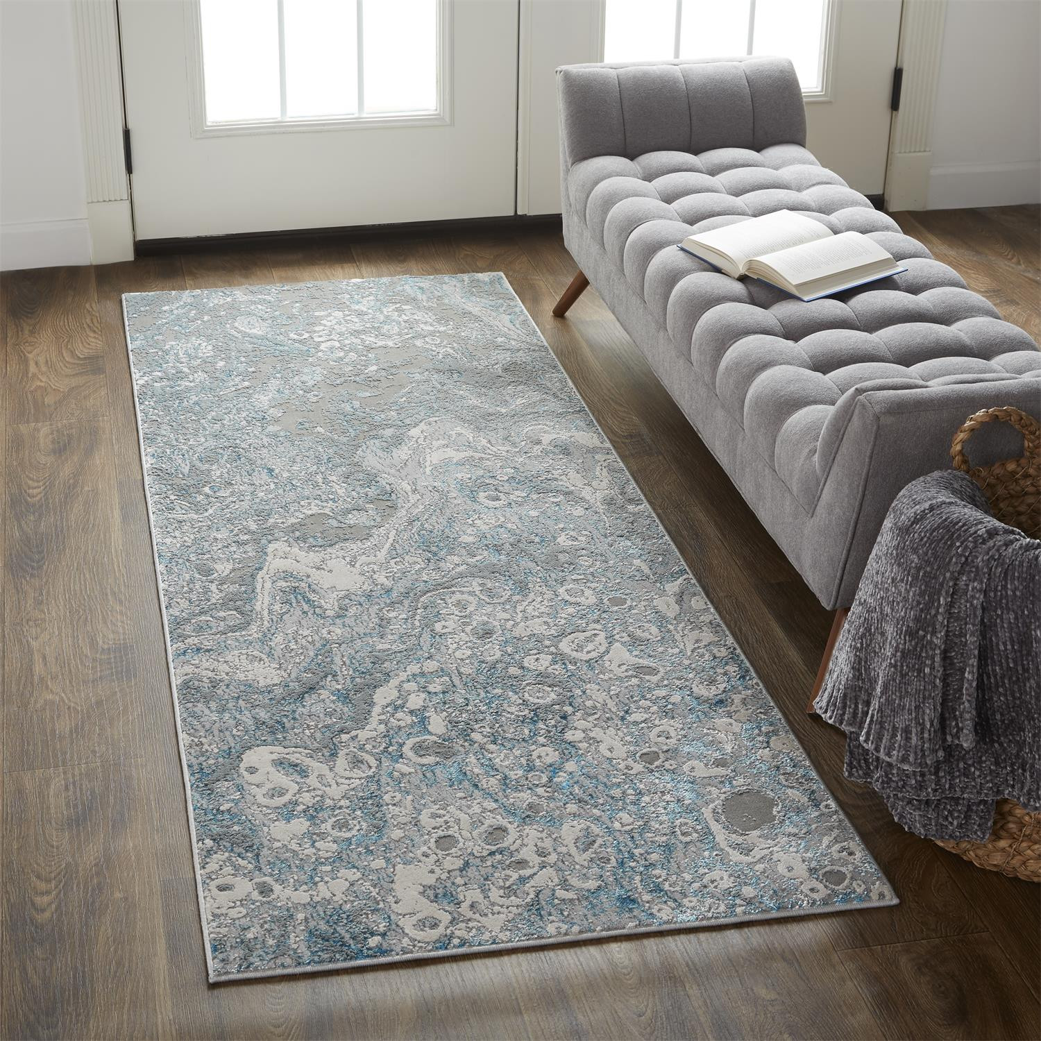 8" Blue and Gray Abstract Power Loom Runner Rug