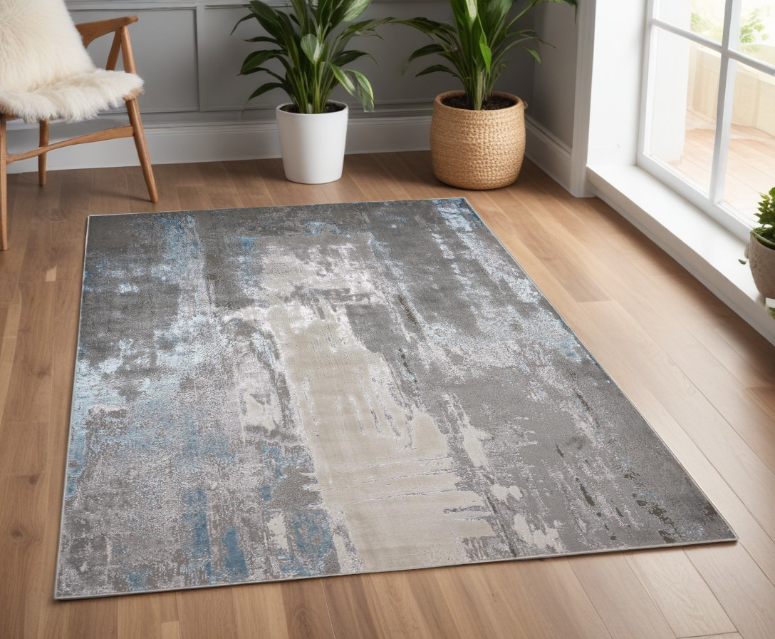 4" X 6" Gray and Ivory Abstract Non Skid Area Rug