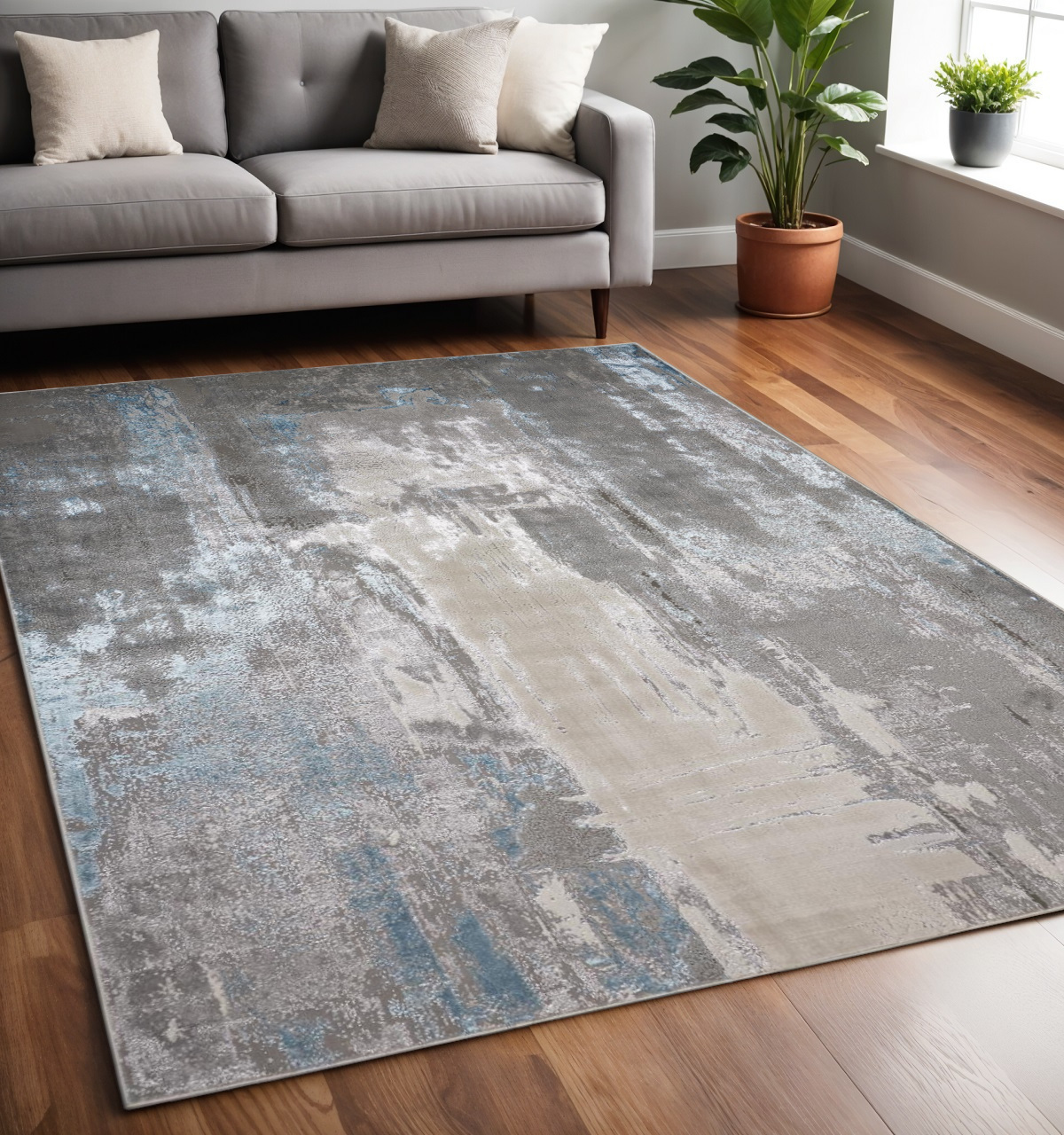 5" X 8" Gray and Ivory Abstract Non Skid Area Rug