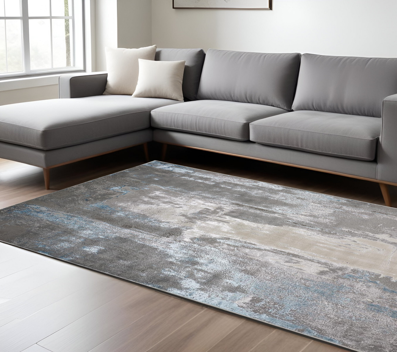 7" X 10" Gray and Ivory Abstract Non Skid Area Rug