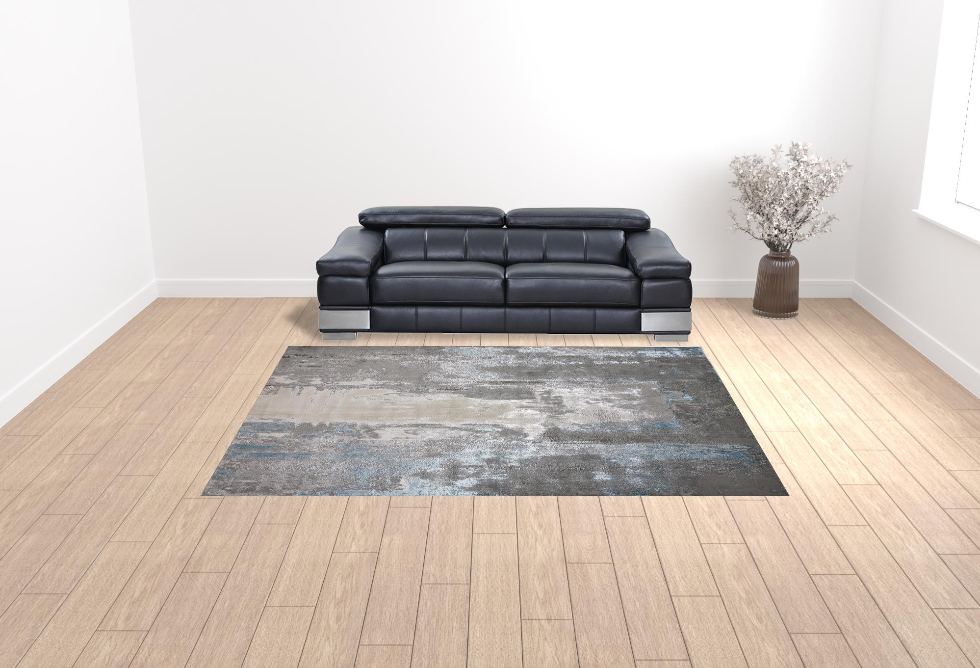 9" X 12" Gray Ivory And Blue Abstract Area Rug