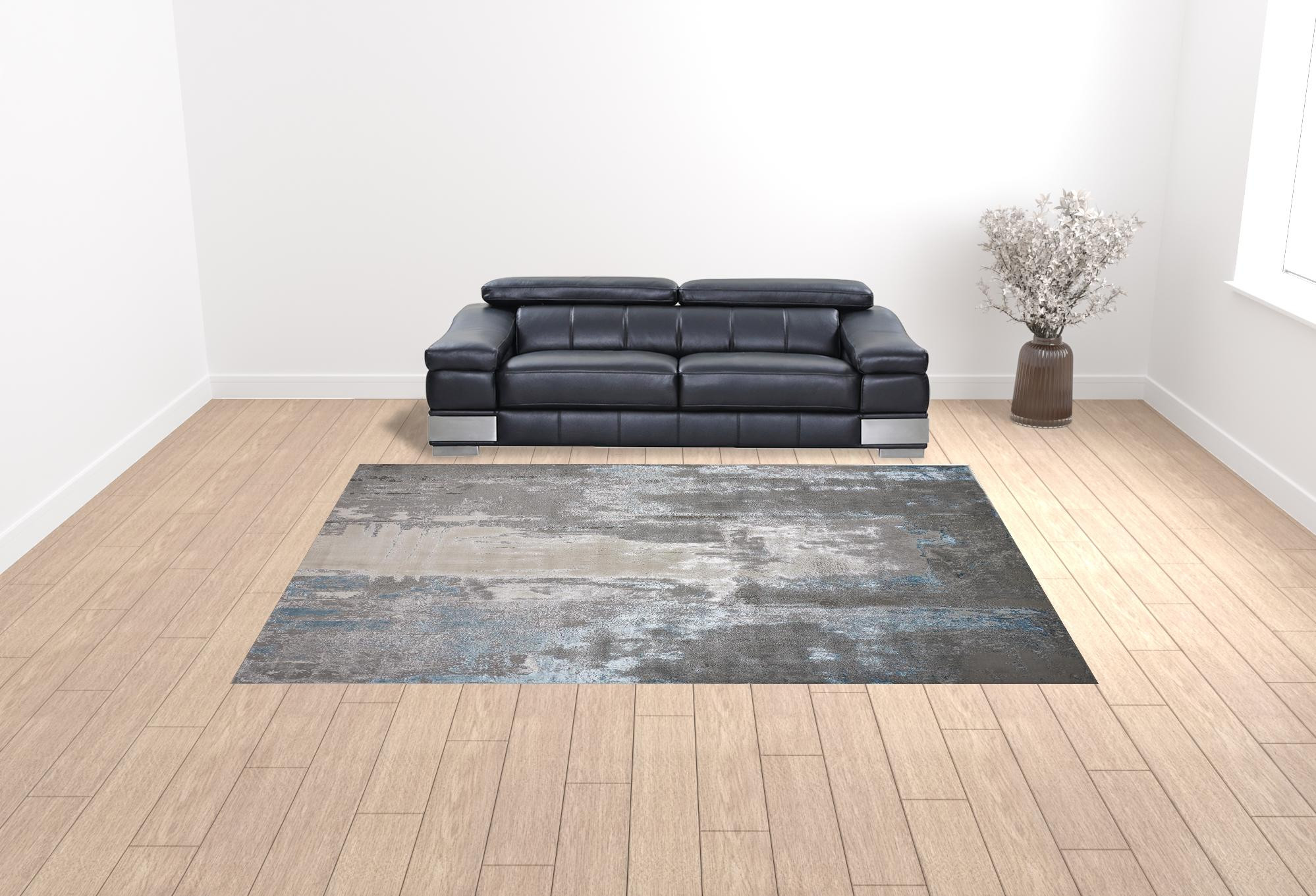 10" X 13" Gray Ivory And Blue Abstract Stain Resistant Area Rug