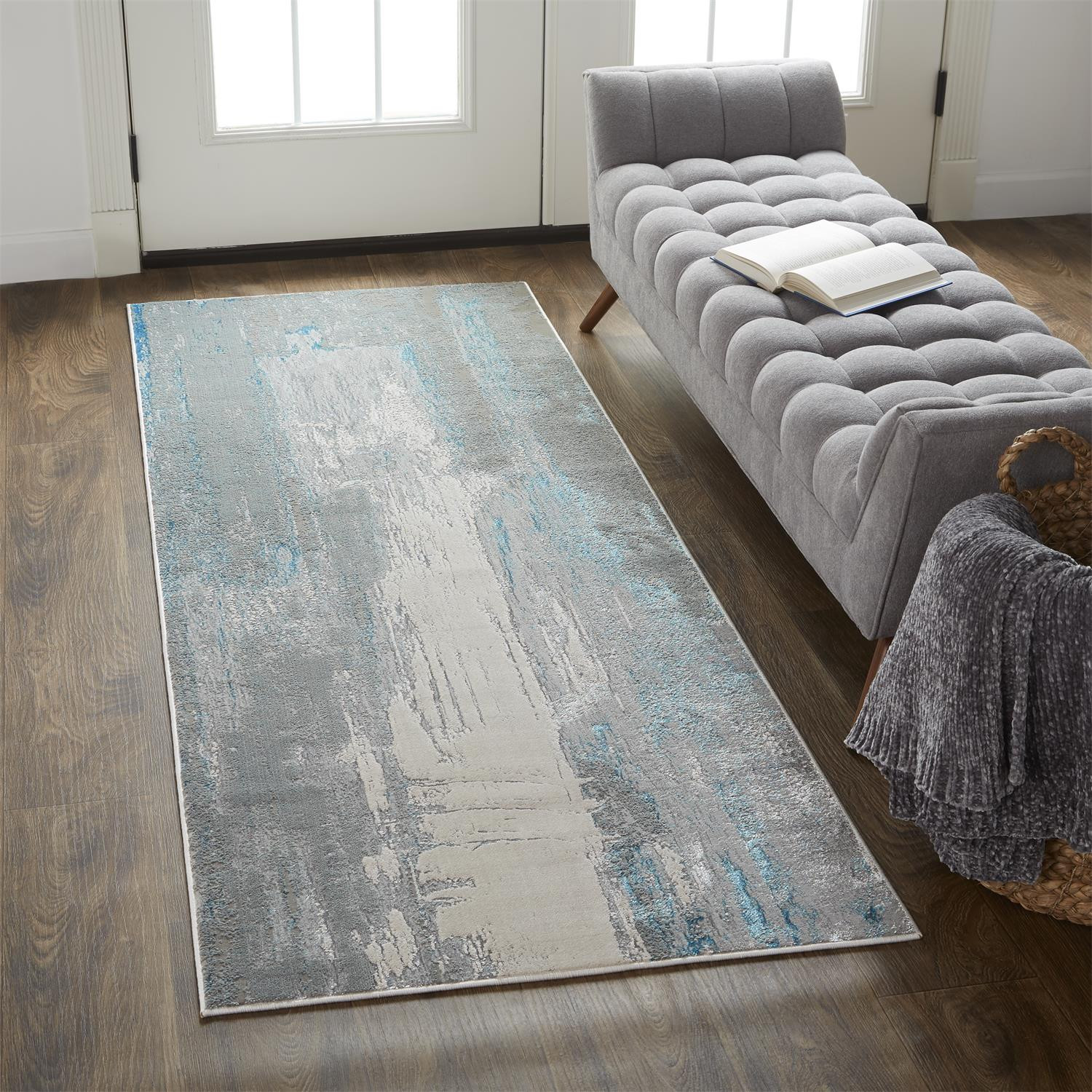 8" Blue and Gray Abstract Power Loom Runner Rug