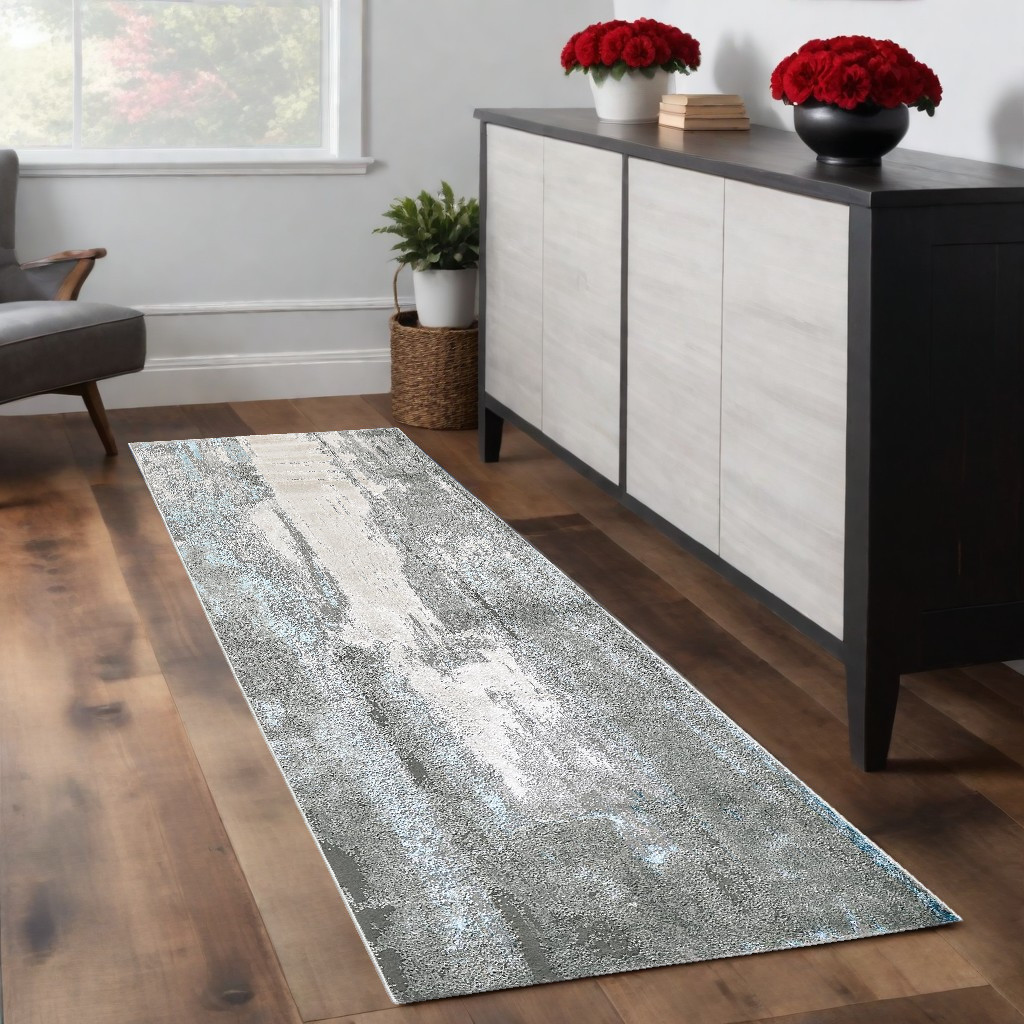 8" Blue and Gray Abstract Power Loom Runner Rug
