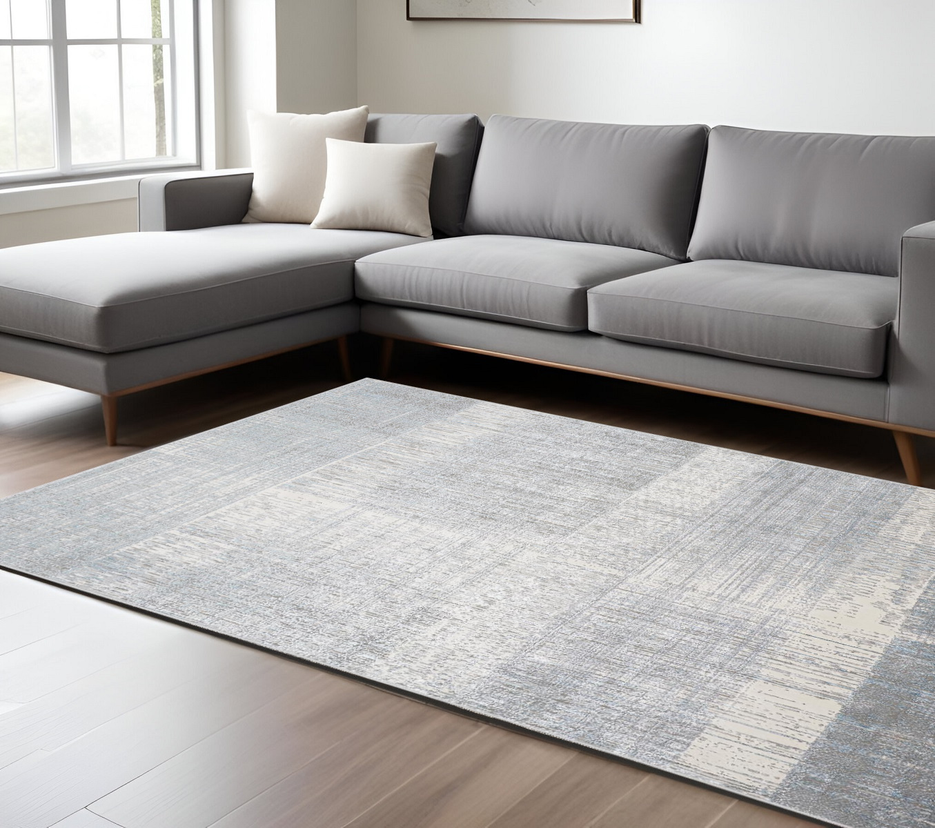 7" X 10" Gray and White Abstract Non Skid Area Rug