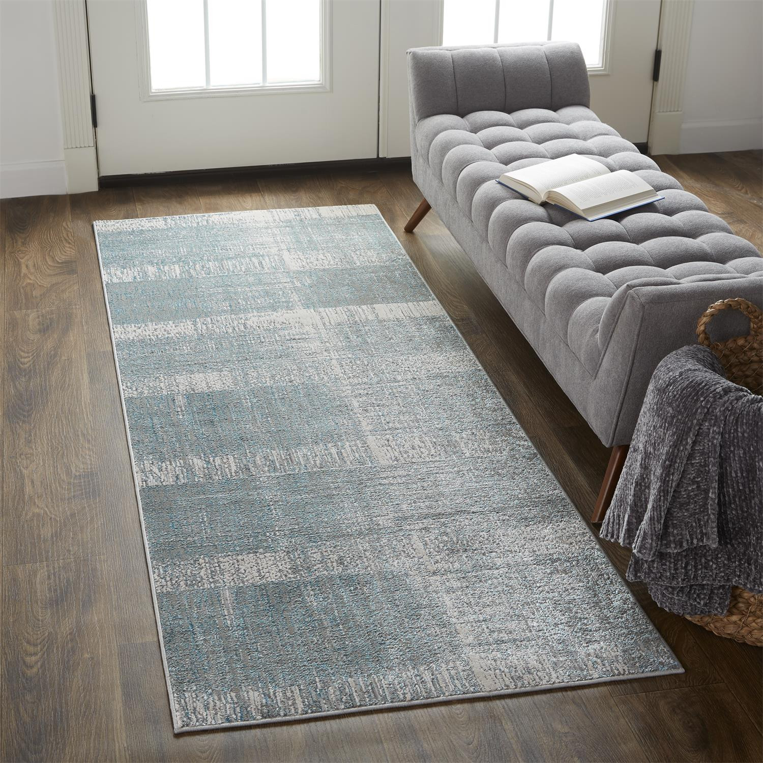 8" Blue and Gray Abstract Power Loom Runner Rug