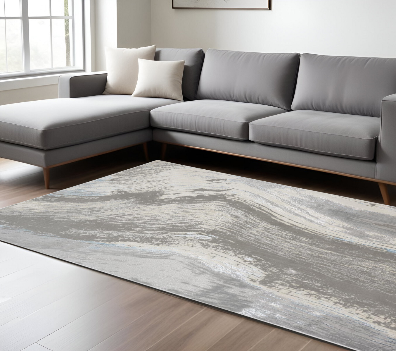 8" X 10" Gray Ivory and Blue Abstract Non Skid Area Rug