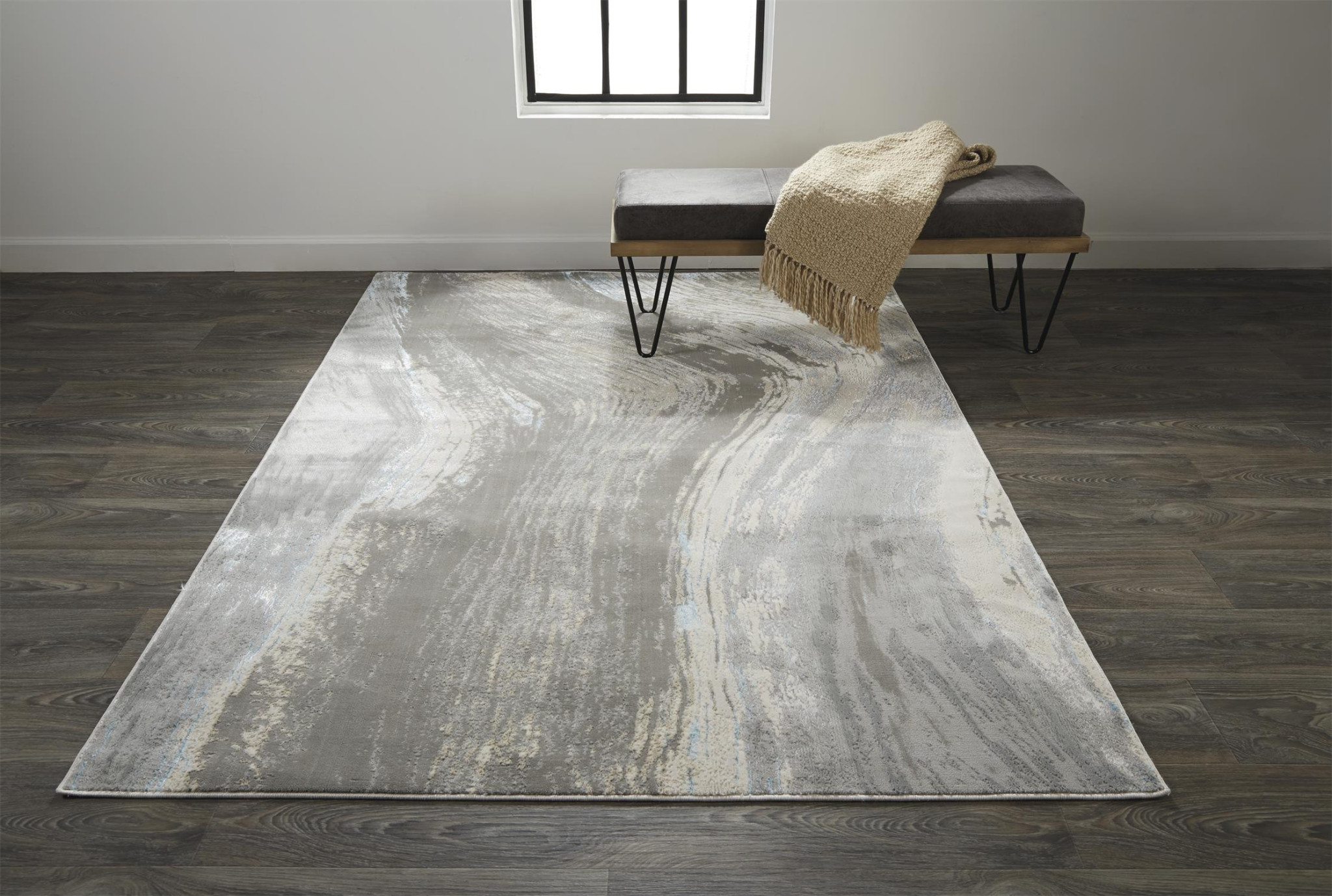 9" X 12" Gray Ivory And Blue Abstract Area Rug